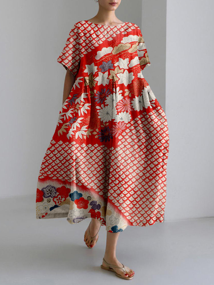 Comstylish Vintage Japanese Pattern Linen Blend Cozy Maxi Dress