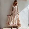 Women's Pink Rose Patchwork Lace Linen V-neck Dress elevenforest
