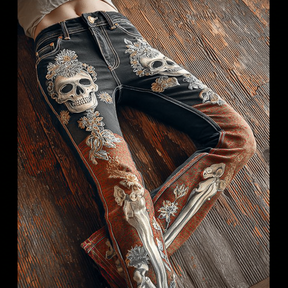 Comstylish Halloween Skeleton Pattern Color-blocking Design Women's Tight Jeans