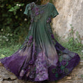 Vintage Purple Roses Embroidered Gradient Flowy Linen Maxi Dress artswardrobe