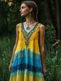 Boho Lace Patchwork V Neck Flowy Linen Maxi Dress artswardrobe