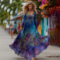 Vintage Purple Floral Embroidered Art Linen Maxi Dress artswardrobe