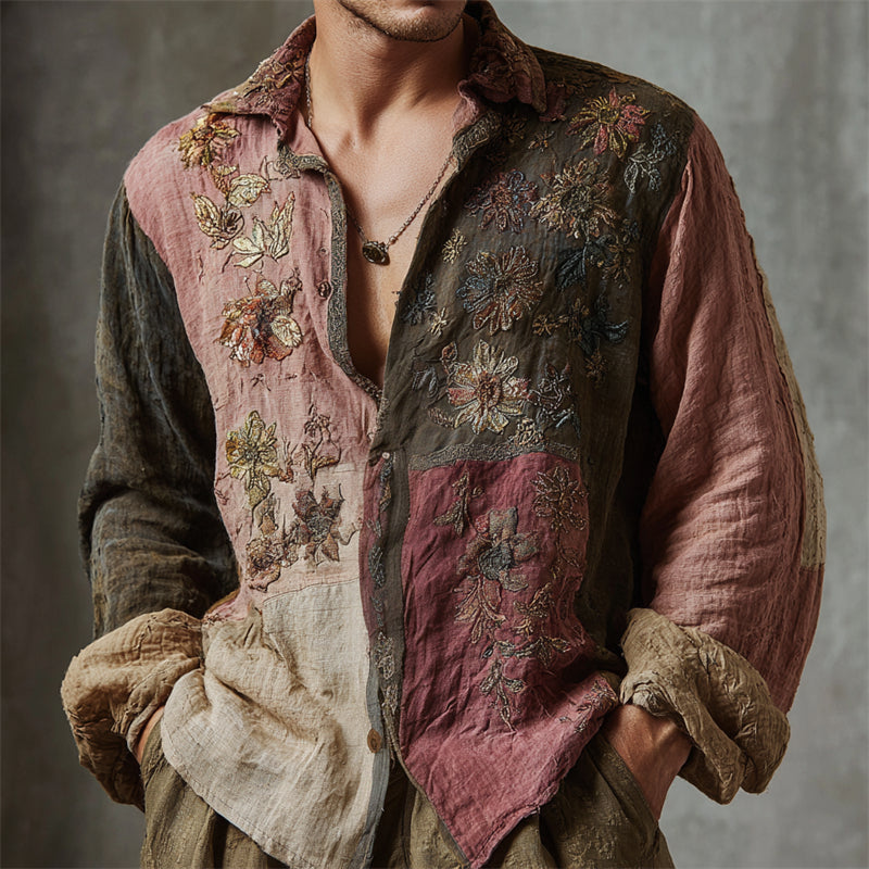 Men's Vintage Boho Floral Embroidered Colorblock Linen Shirt artswardrobe