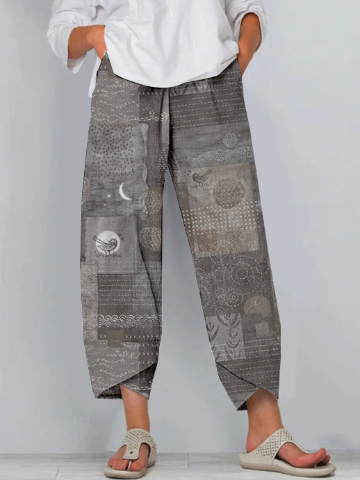 Comstylish Japanese Sashiko Patchwork Patterns Cropped Casual Pants