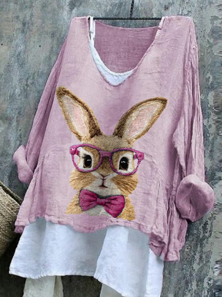 Comstylish Women's Cute Rabbit Embroidery Pattern Comfortable Linen Shirt