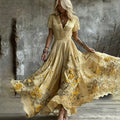 Comstylish Women's Vintage Yellow Roses And Floral Art Print V-neck Maxi Dress