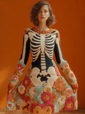 Comstylish Women's Halloween Warm Tone Skull Rose Embroidered Dress