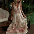 Vintage Rose And Floral Embroidered Linen Sleeveless Midi Dress artswardrobe