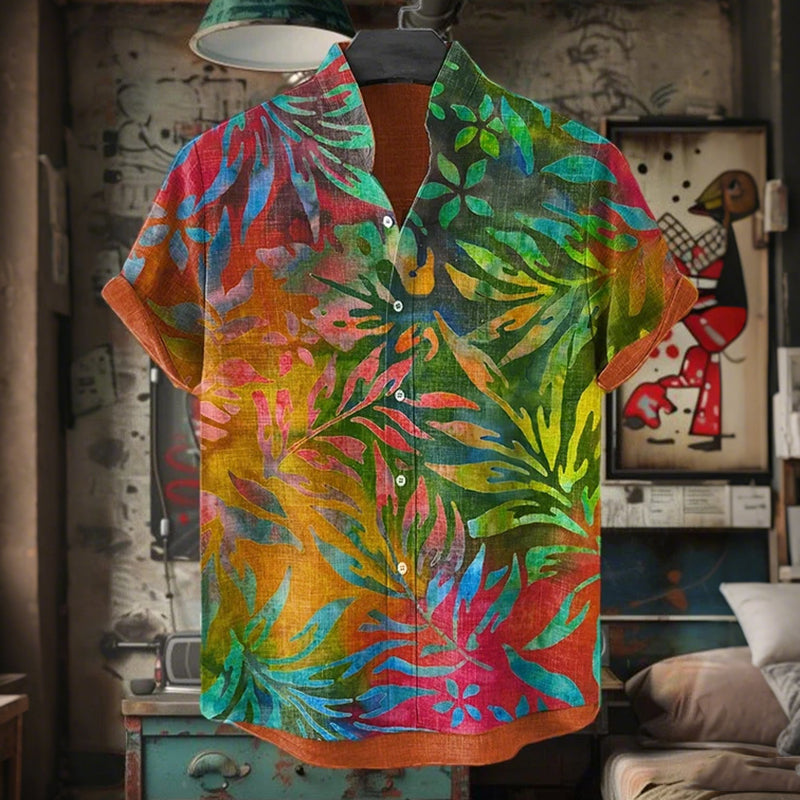 Men's Tie Dye Flowers Leaves Art Print Short Sleeve Shirt elevenforest