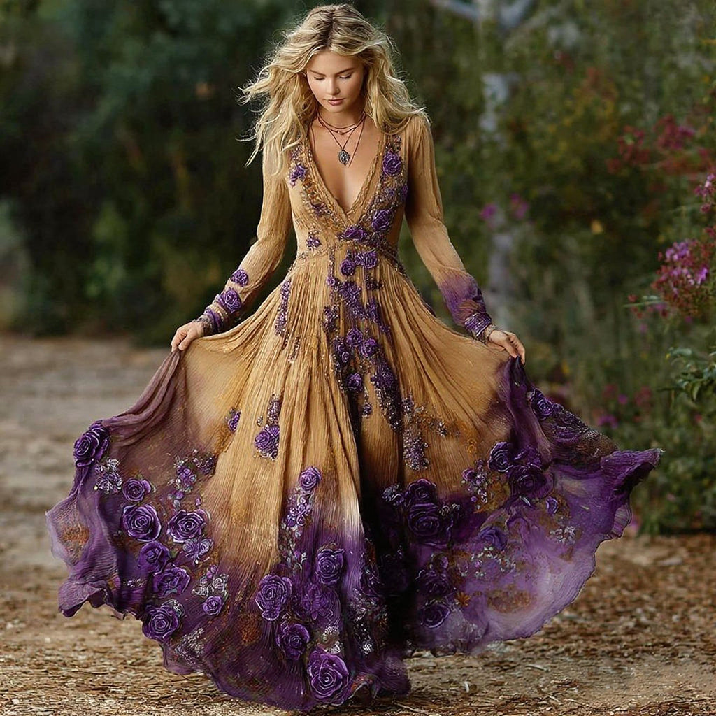 Women's Vintage Purple Rose Art Pattern Gradient Long Sleeve Dress artswardrobe