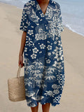 Vintage Japanese Art Flower Print V-Neck Short Sleeve Loose Midi Dress