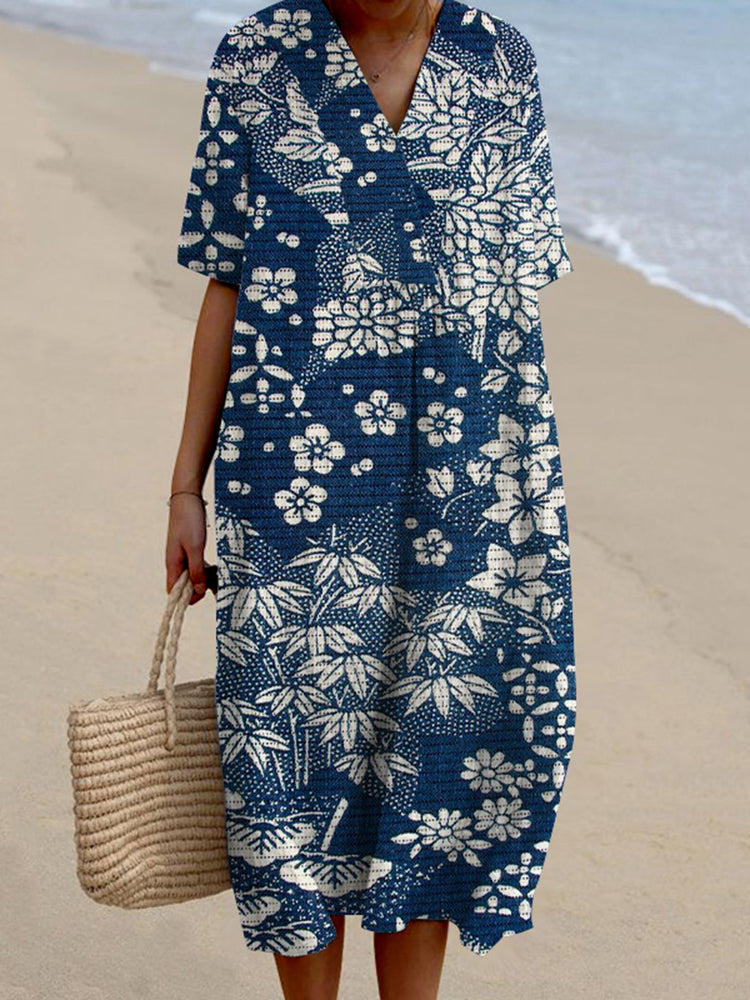 Vintage Japanese Art Flower Print V-Neck Short Sleeve Loose Midi Dress