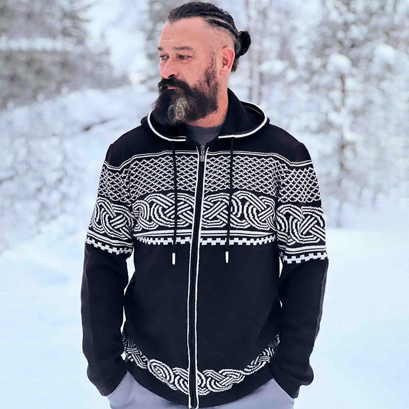 Men's Viking Art Jacquard Knitting Hooded Cardigan artswardrobe