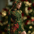 Comstylish Women's Vintage Christmas Floral Pattern Knit Hooded Dress