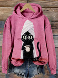 Comstylish Silly Black Cat Coffe Art Vintage Cozy Hoodie