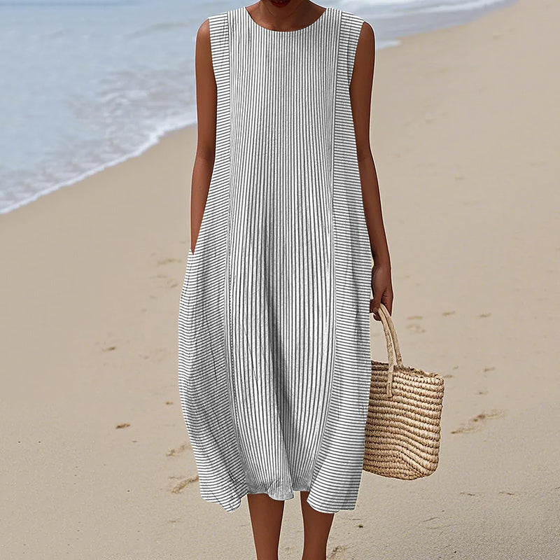 Women's Vintage Striped Art Print Sleeveless Wrap Dress artswardrobe