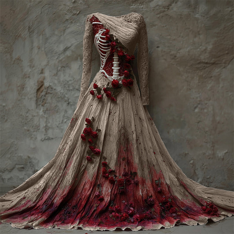 Comstylish Halloween Bloody Red Roses Skeleton Lace Linen Maxi Dress