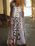 Vintage Square Patchwork Boho Art Women's Linen Wide Leg Jumpsuit artswardrobe