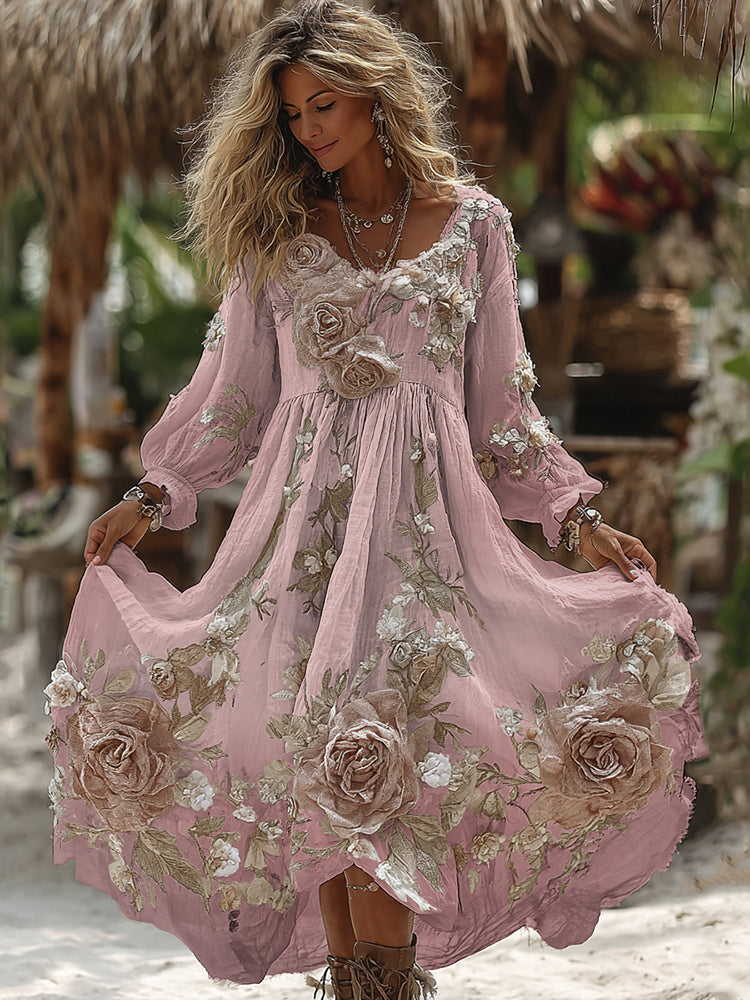 Women's Vintage Romantic White Rose Embroidery Art Comfy Linen Maxi Dress artswardrobe