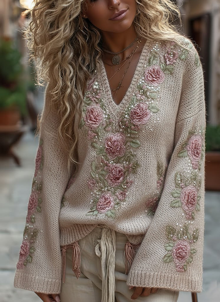 Comstylish Women's Vintage Rose Art Cozy Knit Sweater