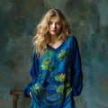 Women's Vintage Lotus Floral Landscape Art Embroidery V-neck T-shirt