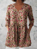 Women's Retro Floral Art Print Casual Cotton And Linen V-neck Top