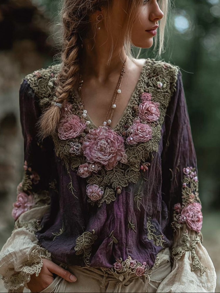 Comstylish Bohemian Style Round Neck Long Sleeve 3d Purple Flower Design Cotton And Linen Top For Women