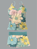 Women's Floral Print Suspender Shirred Swimsuit Set