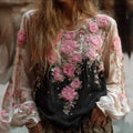 Comstylish Ladies' Casual Vintage Pink Flower Black And White Long-sleeved Shirt