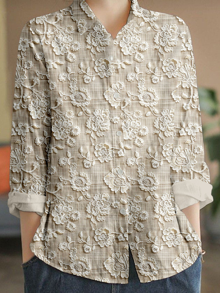 Comstylish Vintage Floral Lace Embroidered Linen Blend Blouse