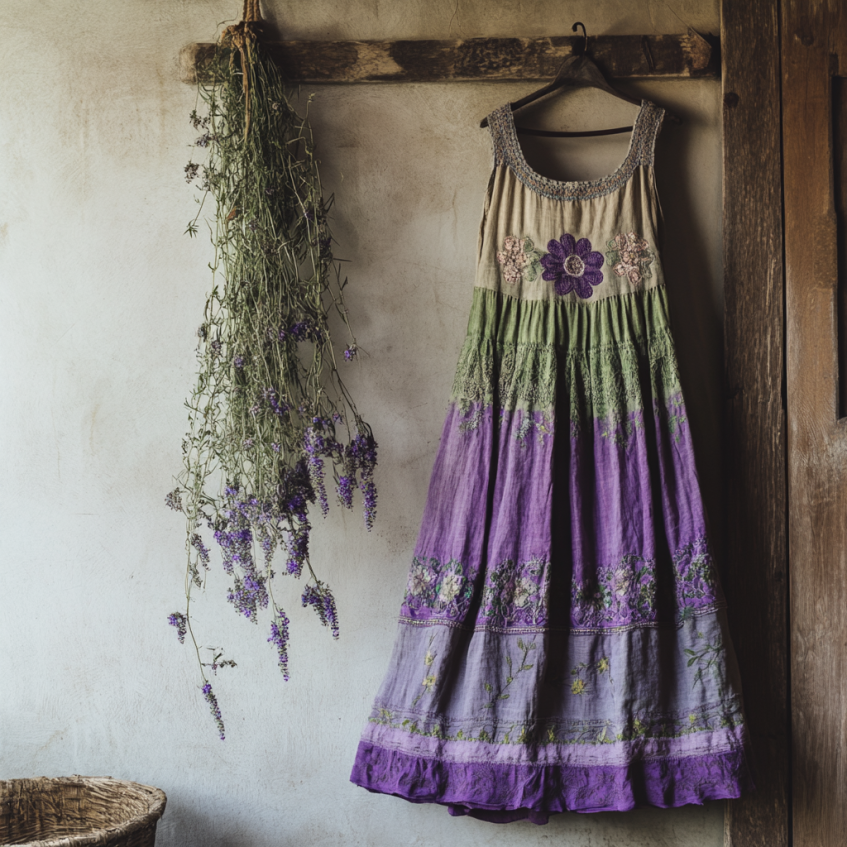 Vintage Bohemian Lavender Embroidery Patchwork Art Sleeveless  Cozy Linen Maxi Dress artswardrobe