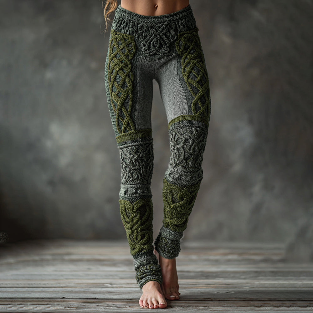 Comstylish Christmas Celtic Knot Knit Jacquard Cozy Leggings