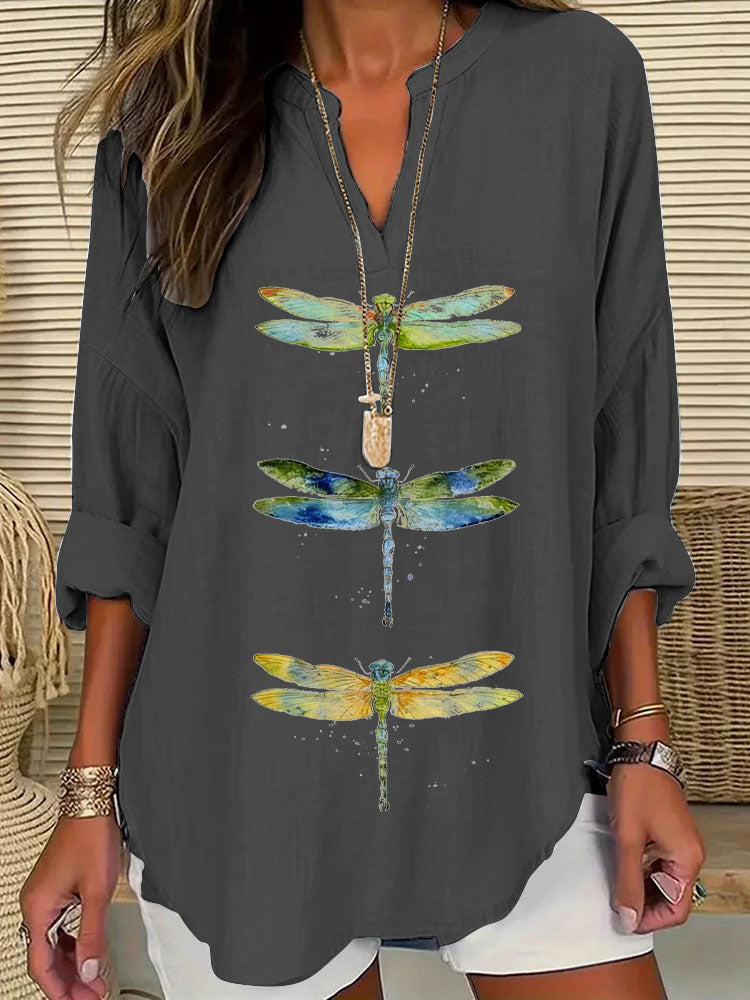 Comstylish Women's Dragonfly Print Casual Shirt
