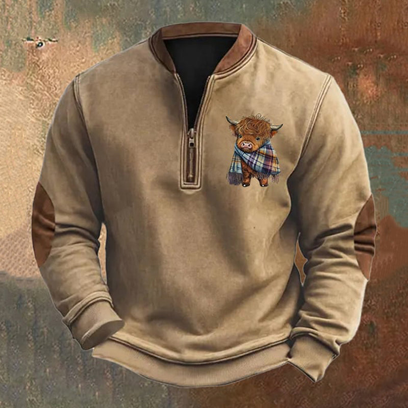 Men's Vintage Highland Cow Print Zip Collar Sweatshirt artswardrobe