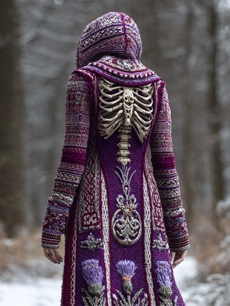 Comstylish Halloween Skeleton & Thistle Art Women's Knit Hooded Maxi Dress