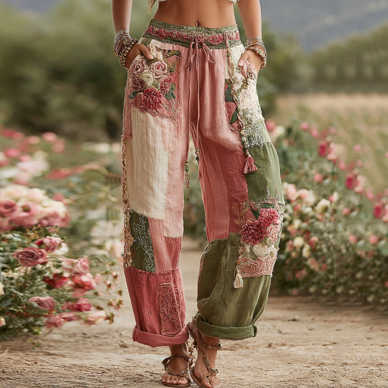 Love & Health Collection Retro Rose And Floral Patchwork Art Linen Pants artswardrobe