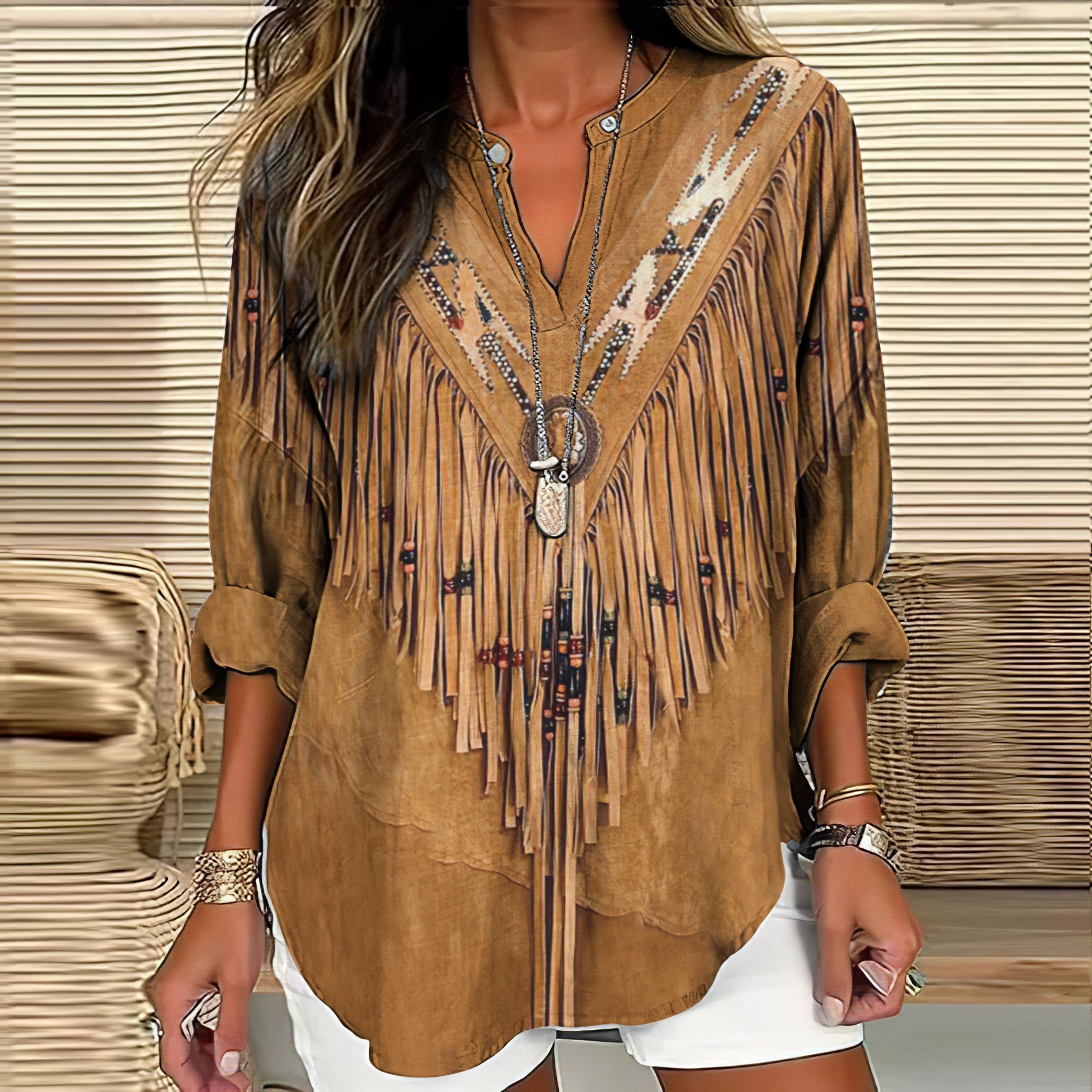 Comstylish Vintage Western Tassels Print Loose Casual Cotton Linen Shirt