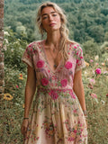 Comstylish Boho Ethnic Floral Embroidery Women's Linen V-neck Short Sleeve Maxi Dress