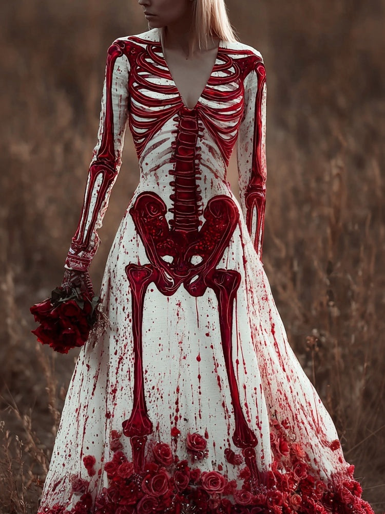 Comstylish Classy Skeleton Bloody Roses V Neck Linen Maxi Dress