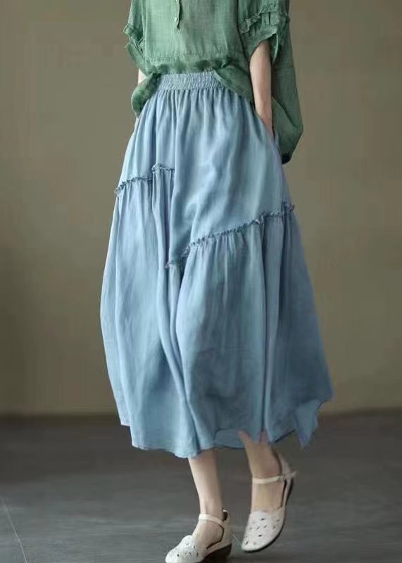 Green Stripes Elastic Waist Asymmetrical a Line Skirts Spring