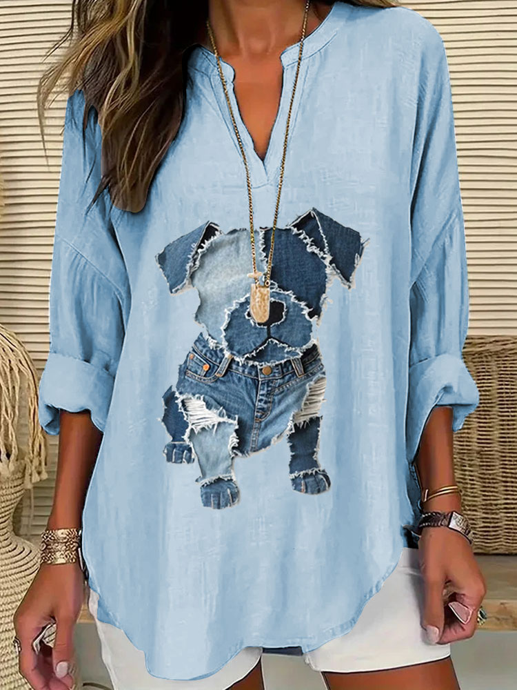 Comstylish Women's Casual Funny Denim Dog Print T-shirt