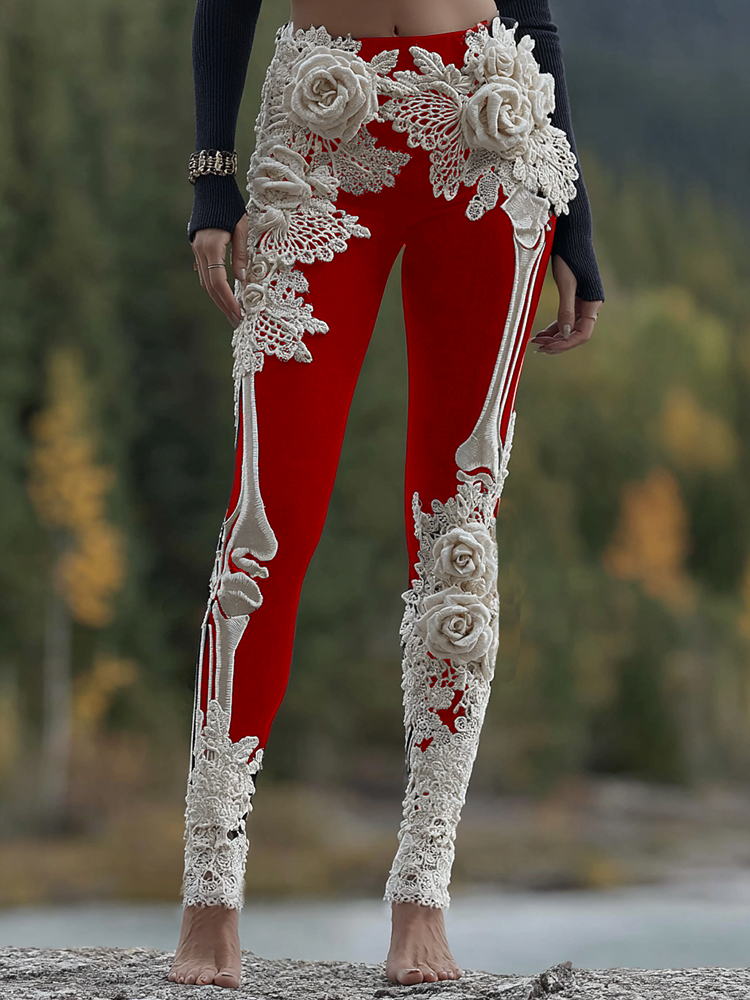 Vintage Halloween Skeleton Bones With Rose Art Cozy Knit Leggings artswardrobe