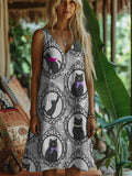Vintage Lace Cat Print Women's Linen Vest Dress artswardrobe