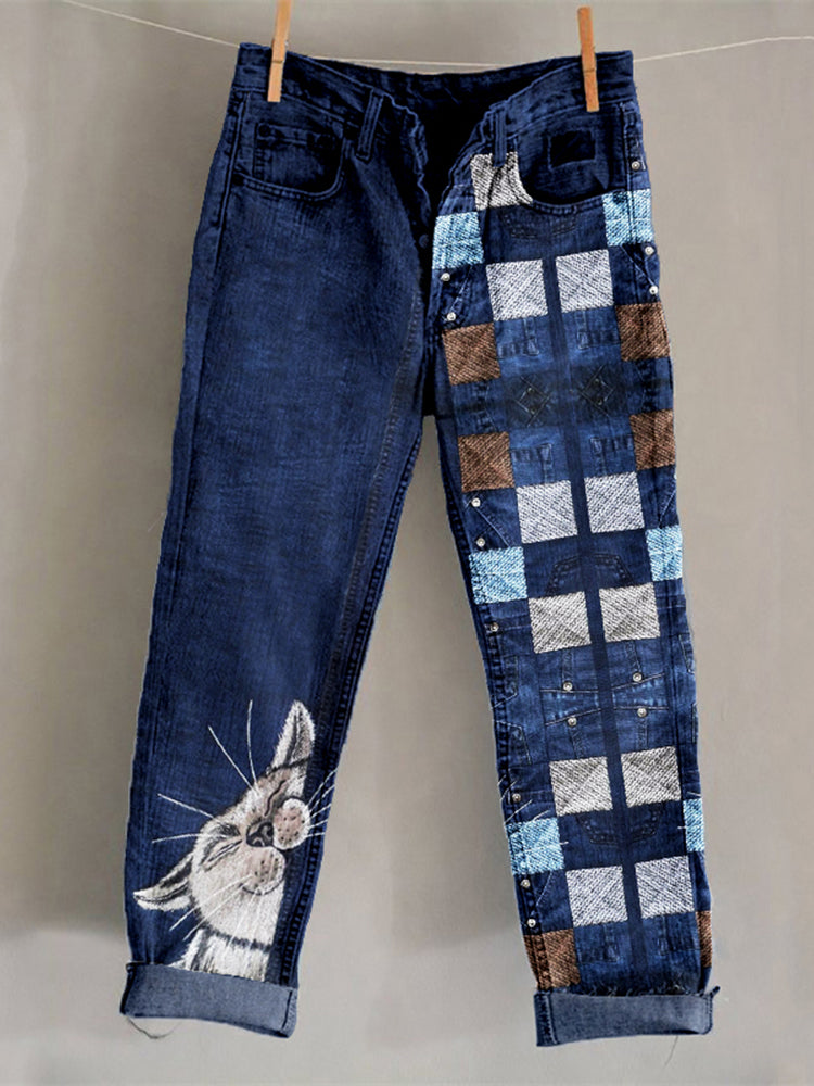 Comstylish Cute Cats Patchwork Vintage Washed Jeans