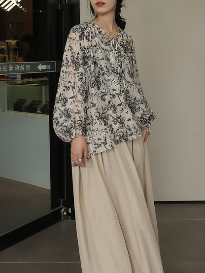 Artsy Drawstring Ornate Button Leaf Print Shirt