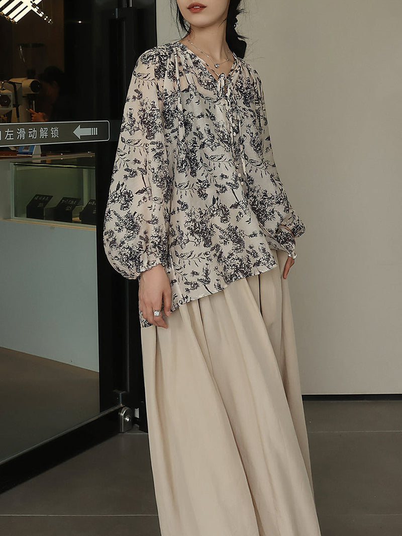 Artsy Drawstring Ornate Button Leaf Print Shirt