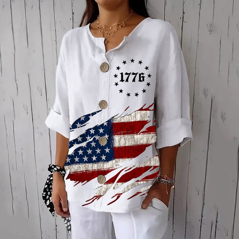 Women's Independence Day Flag Print Button Linen Blend Shirt artswardrobe