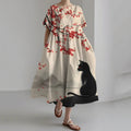 Comstylish Women's Japanese Cherry Blossom Black Cat Print Short Sleeve Dress