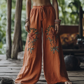 Bohemian Holiday Style Retro Linen Floral Ethnic Totem Print Linen Long Loose Wide-leg Pants artswardrobe