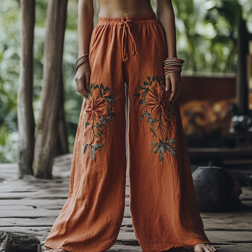 Bohemian Holiday Style Retro Linen Floral Ethnic Totem Print Linen Long Loose Wide-leg Pants artswardrobe
